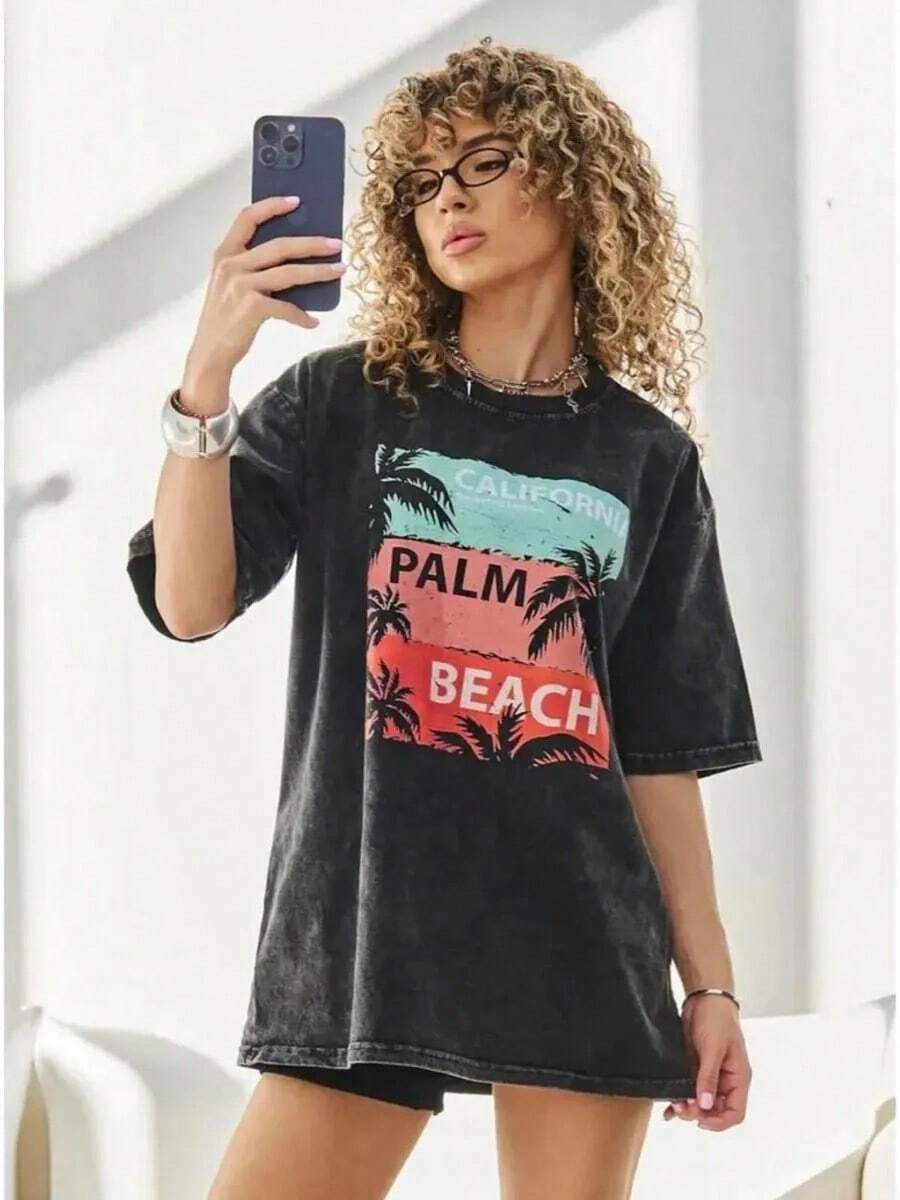 Nueva camiseta vintage lavada para mujer, de manga corta, corte ajustado, de algodón puro, estilo retro lavado, hombros caídos, longitud media, corte holgado. - Negro - Ver 1