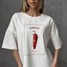 Camiseta de manga corta 100% algodón, sencilla y única, con un estampado de chiles dulces y geniales, corte holgado, cómoda y versátil, top elegante. - Blanco - Ver 9