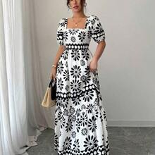 Women's Summer Country Floral Print Bardot Neck Dress - Blanco y Negro - Ver 4