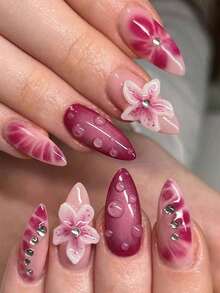 Upgrade Your Look Instantly, 24Pcs/Set Almond Shaped Sweet Floral 3D Water Drop Pattern Full Cover Press-On Fake Nails 1Pc Jelly Gel & 1Pc Nail File Set, Add A Romantic Touch For A Sweet Look, Suitable For Daily Dates Nail Supplies Nails - 彩色 - 查看 1