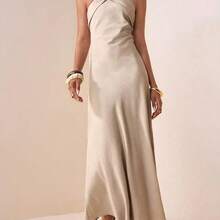 Spring 2025 New Arrivals Easter Birthday Parties Dates Everyday Outings Basic Versatile Casual Vacation Cruise Travel Beach Trending Hits Street Style Bohemian Chic Commuter Wear Brunch Outfits Airport Style Parties Holidays Elegant Banquets Dances Daily Commute Leisure Refined Elegance Street Fashion Minimalist Commuter Halter Neck Backless Pleated Detail Asymmetrical Design Hidden Pockets Elastic Waistband Asymmetrical Pleated Halter Neck Elastic Waistband Back Neckline A-Line Maxi Dress - Caqui - Ver 5