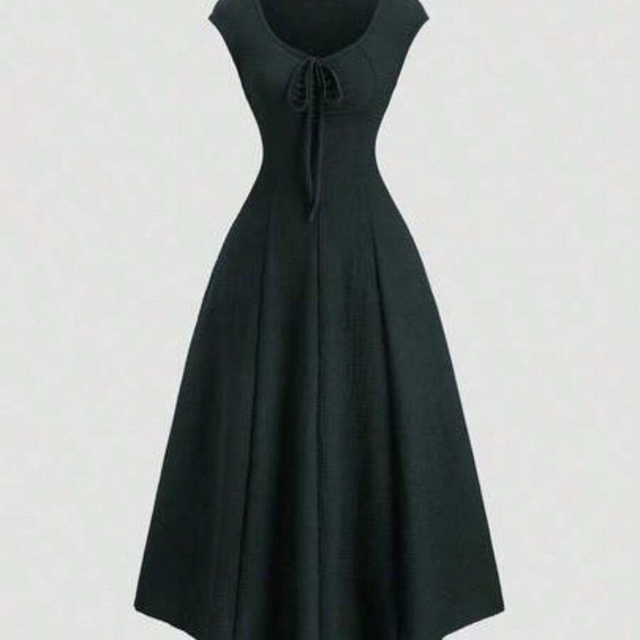 Sweetro Solid Color Waist Tie Fitted Knit Maxi Dress, European And American Style - Verde Oscuro - Ver 1
