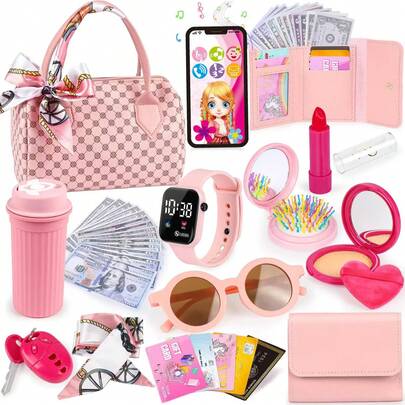 Girls Toy Wallet, Toddler Wallet, Includes Pretend Makeup, Princess Toy Set, Containing Handbag, Phone, Watch, Scarf, Children's Toy Wallet, Birthday Gift, Suitable For Girls Aged 3, 4, 5, 6 And Above