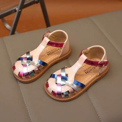 1 Pair New Colorblock Woven Hollow Closed Toe Roman Sandals For Girls, Comfortable Durable Shoes Suitable For Outdoor, Vacation, Beach