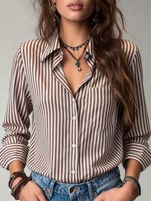 Camisa de manga larga recta suelta con bolsillo en el pecho, solapa y botones a rayas, ideal para uso diario, trabajo y ocasiones casuales en primavera y otoño - Café integral - Ver 1
