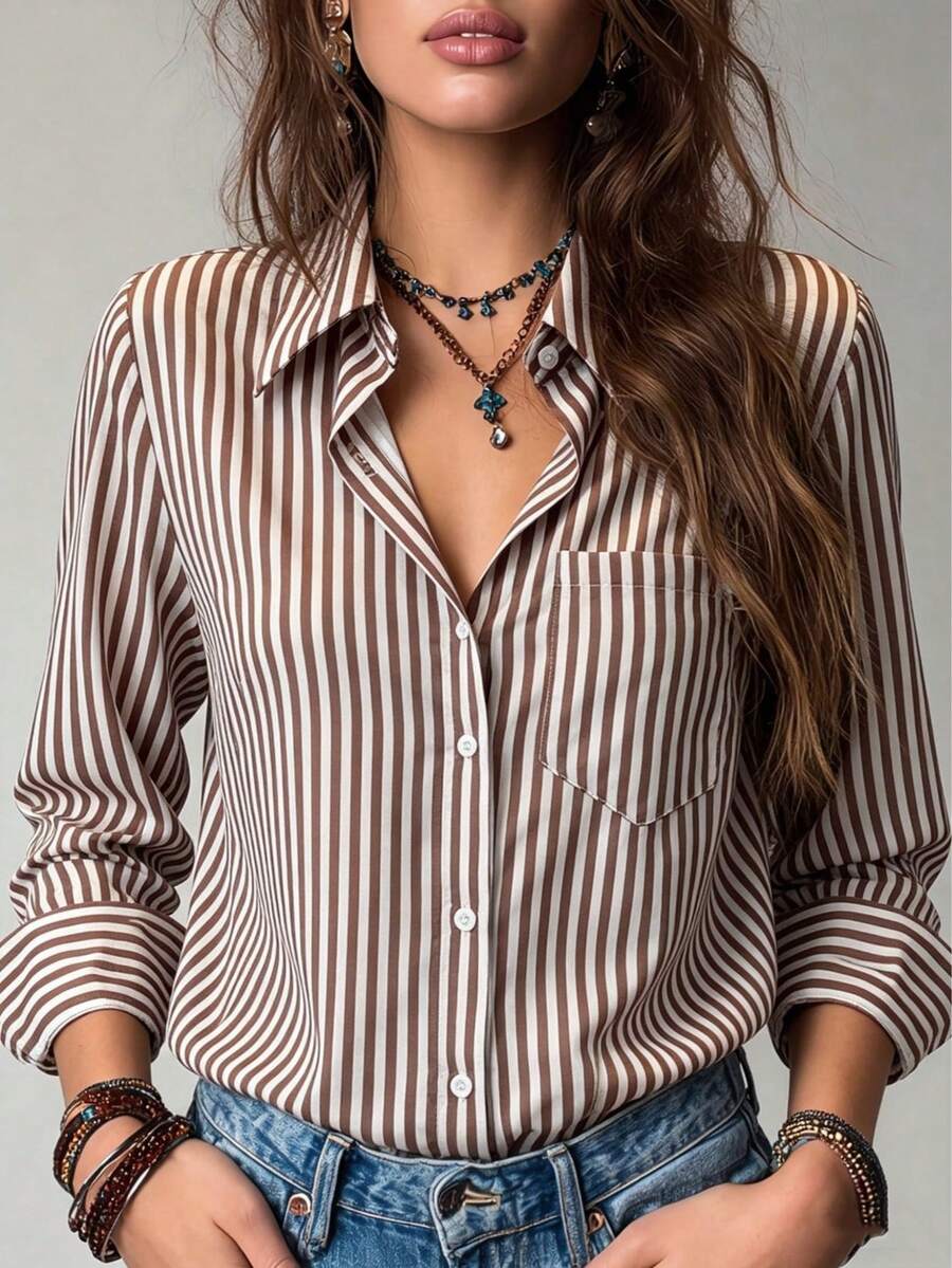 Camisa de manga larga recta suelta con bolsillo en el pecho, solapa y botones a rayas, ideal para uso diario, trabajo y ocasiones casuales en primavera y otoño - Café integral - Ver 1
