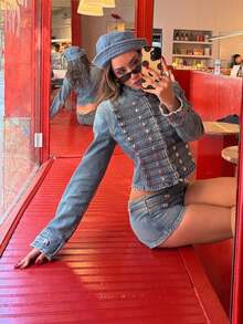 Áo khoác denim ôm dáng tối giản phong cách Âu Mỹ mùa Xuân/Hè mới của Camellia dành cho nữ, kiểu dáng thường ngày. - Màu xanh lam - Xem 4