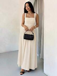 Vestido evasé de unicolor marrón café con cuello cuadrado elegante para mujer, primavera/verano - Albaricoque - Ver 7