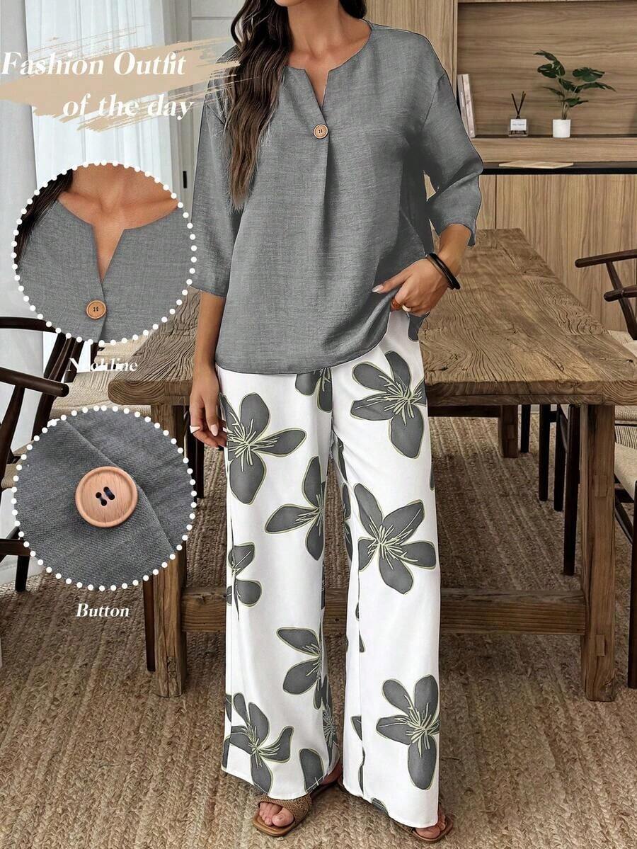 Conjunto de camisa de unicolor y pantalones con estampado floral para vacaciones - Multicolor 4 - Ver 1