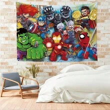 1pcs Cartoon A Vengers S Uperhero Wall Tapestry Backdrop, Iron Man C Aptain America S Piderman Party Decorations For Photo Booth, Cute Hero Team Photography Background, Living Room Bedroom Aesthetic Wall Decor, Outdoor Indoor Celebration Banner, Backyard Party Photo Prop Supplies, School Event Poster Decor, Home Dormitory Wall Hanging Art - 多色-A - 查看 5