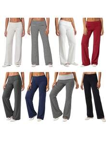 Women's Spring Summer Baggy Pants Foldover Waist Solid Color Loose Wide Leg Pants - Grey - View 2