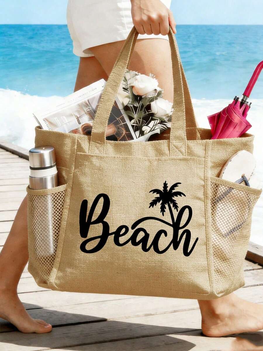 海灘主題帆布托特包,女款大容量夏季海灘包,印有「BEACH」字母藝術圖案,附拉鍊口袋,輕量耐用可重複使用,附內袋與網袋,適合海灘度假、旅行、野餐、上學及其他日常使用 - 彩色 - 查看 1