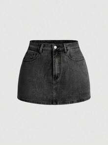 Falda mini de mezclilla con decoración de lazo para verano - Negro - Ver 2