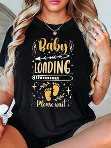 Plus Size, LOADING Please Wait, Women's Plus Size Graphic Print T-Shirt, Short Sleeve, Round Neck, Casual Top For Summer And Spring, Women's Clothing - 黑色 - 查看 2