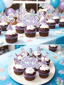 17件套美人鱼蛋糕装饰套装，海洋主题生日快乐甜点装饰签，包含美人鱼、水母、海豚、海马图案，紫色和蓝色纸质装饰，生日和夏季海洋主题派对用品，甜点桌装饰 - 多色 - 查看 7