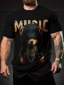 Camiseta de verano para hombre, deportiva, cómoda, de manga corta y cuello redondo, con estampado 3D de oso negro y dorado, camiseta casual para el día a día - Negro - Ver 1