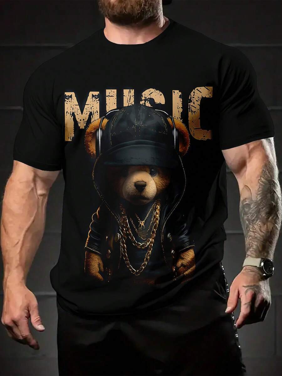 Camiseta de verano para hombre, deportiva, cómoda, de manga corta y cuello redondo, con estampado 3D de oso negro y dorado, camiseta casual para el día a día - Negro - Ver 1