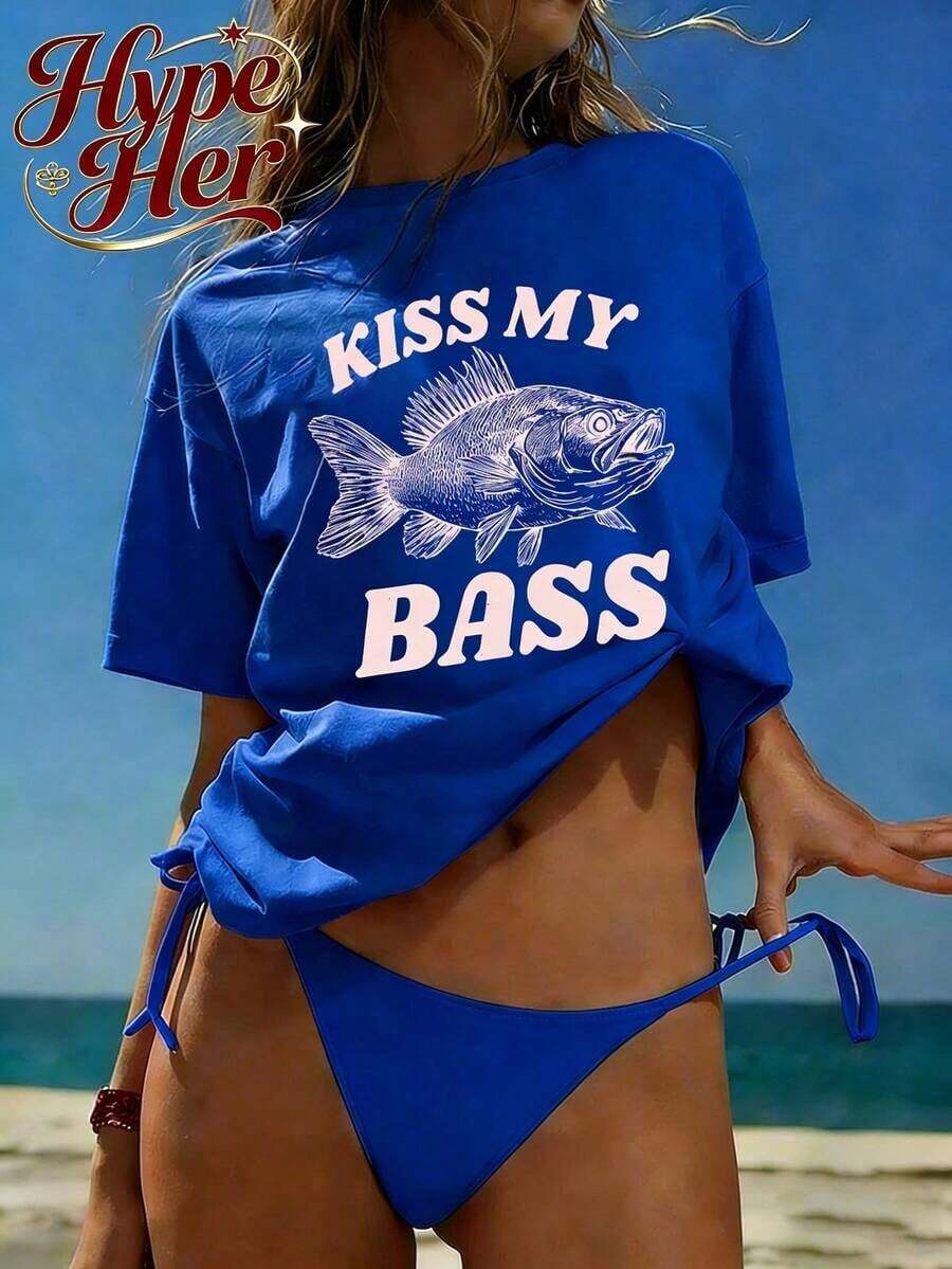 Best Seller 2026, Women's Short Sleeve Crew Neck Cotton T-Shirt With Kiss My Bass Fish Print, For Casual Or Office Wear, Modern Everyday Top, Summer Clothes For Women - 藍色 - 查看 1