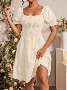 Vestido de manga abullonada con volantes y nudo delantero para el verano, ropa para Año Nuevo - Albaricoque - Ver 5