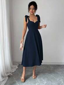 elegante y romántico para mujer con lazo decorativo en la cintura y corte evasé sin mangas - Azul marino - Ver 3