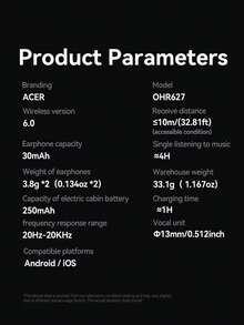 Acer OHR627 無線入耳式耳機，具備降噪通話、高解析度 Hi-Fi 音質、Type-C 充電盒 250mAh 快充，迷你便攜，兼容 iOS/Android 智慧型手機 - 均碼 - 查看 12