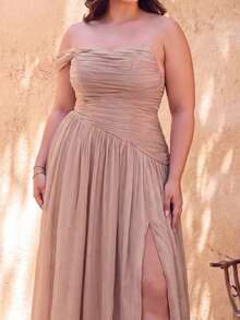 Faeriesty Plus Size Strapless Evening Gown, Ruched Bust And Bodice Design, Floor-Length Flowing Cut Party Wedding - Khaki - View 4
