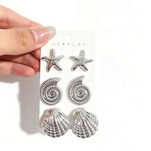 3/6 Pairs Gold/Silver Starfish, Seashell, Conch Earrings Set, Suitable For Summer Travel And Vacation, Best Gift For Family And Friends - Gold + Silver - View 5