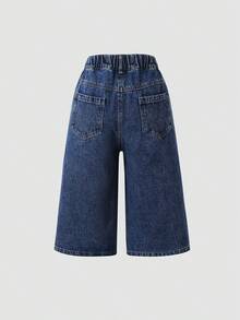 1pc Girls Casual Everyday Street Ombre Blue Denim Jeans, Spring/Summer - Dark Wash - View 3