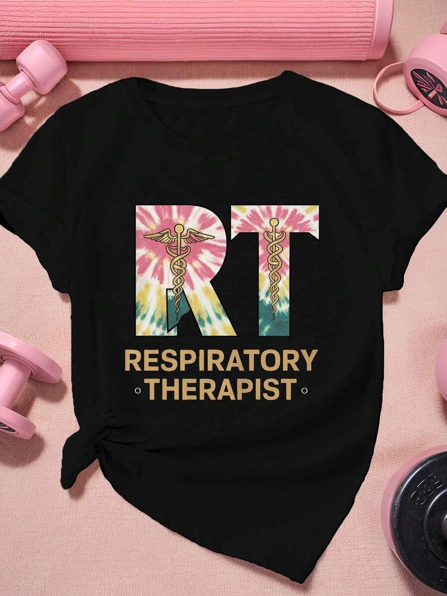 Unisex T-Shirt Made Of Pure Cotton, Women's Tie-Dye T-Shirt With Caduceus Stethoscope Design - RTA Respiratory Therapist Graphic, Short Sleeves, Round Neck, Polyester, Machine Washable, Summer T-Shirt, Blouse, Basic Tops, Tops, Creative Design, Outdoor Play, Cool Style, Fun Design, Great For Outdoor Play - Black - View 1