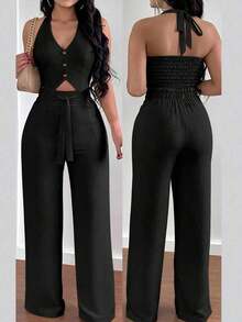 Conjunto de 2 piezas de chaleco sin espalda con atar en el cuello y pantalones de pierna ancha, estilo casual de vacaciones para mujer - Negro - Ver 4