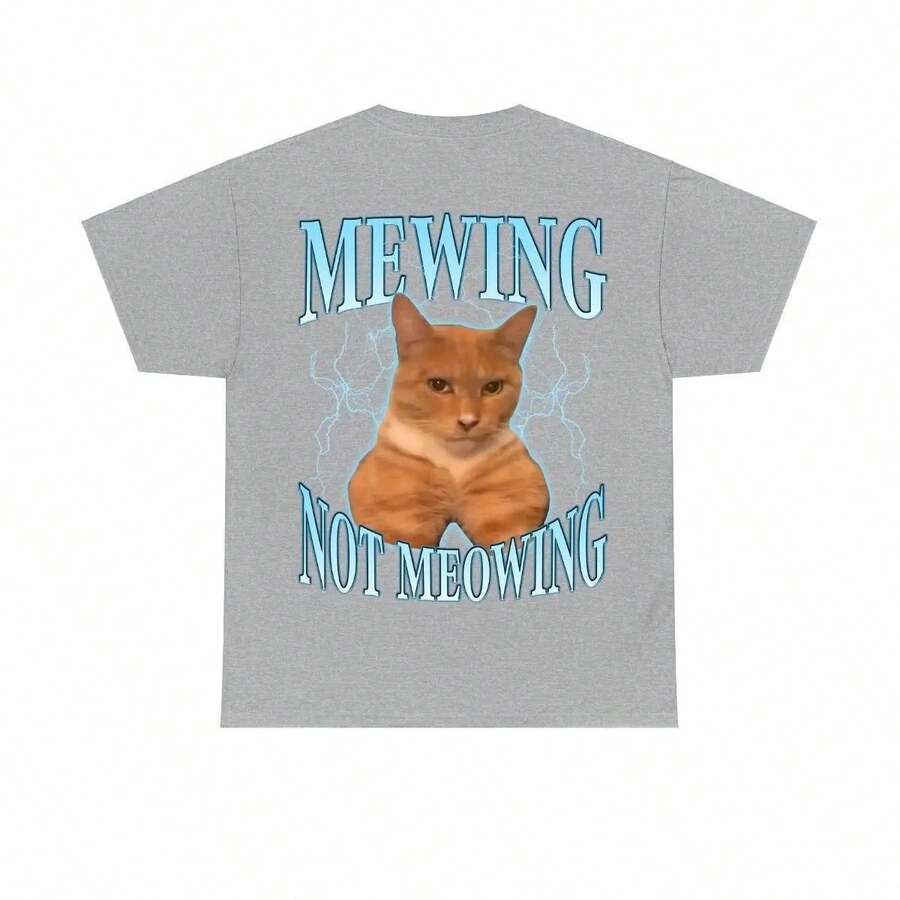 2026 Summer New Funny Cat Meme T-Shirt - Mewing LooksMax Meowing Cat Graphic Tee, Unisex Cotton Outfit For Men & Women, Daily Retro Street T-Shirt - 運動灰 - 查看 1
