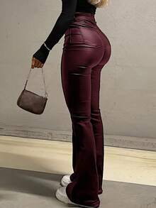 Pantalones acampanados de estilo estadounidense de primavera con efecto de piel sintética negra, estilizadores y alargadores de piernas, de moda para mujeres jóvenes de uso casual - Burdeos - Ver 4