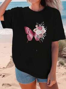 Mujer Camiseta de Manga Corta con Estampado de Mariposa y Flores Blusa Casual de Cómodo para Primavera Verano Top Elegante para Mujeres Tallas Grandes - Negro - Ver 1