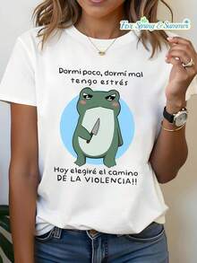 Talla Grande, Camiseta Divertida con Estampado Gráfico de Rana Enojada Española para Mujer, Manga Corta, Cuello Redondo, Top Casual para Verano y Primavera, Ropa de Mujer - Blanco - Ver 2