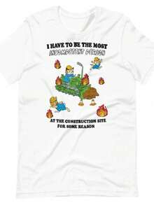 Funny Construction Site Cat T-Shirt, Incompetent Person Graphic Tee, Casual Short Sleeve Round Neck Knitted Top - trắng - Xem 1