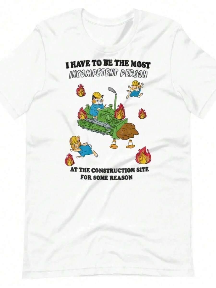 Funny Construction Site Cat T-Shirt, Incompetent Person Graphic Tee, Casual Short Sleeve Round Neck Knitted Top - trắng - Xem 1