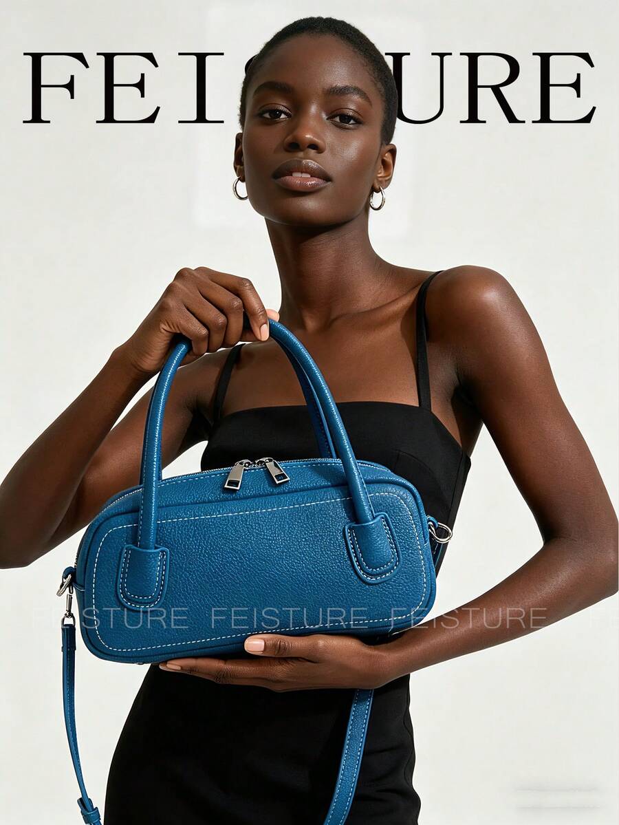 Bolso Boston mini con textura de guijarro azul, con doble asa y correa cruzada desmontable, bolso de mano casual para uso diario y citas