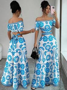 de moda con estampado floral, hombros descubiertos, manga corta y cintura hueca - Azul - Ver 8