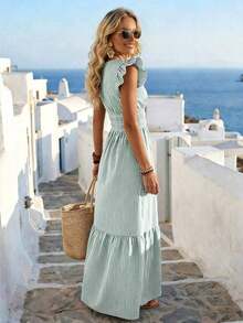 YHHRafferiza Vestido de vacaciones con cuello en V, manga corta y estampado floral romántico para mujerYHH - Verde Niebla - Ver 2