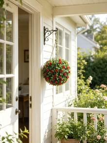 1 pieza Bola de topiario de hojas de eucalipto rojo artificial, bola de topiario de rosas rojas falsas, bola de flores artificiales adecuada para decoración interior/exterior de bodas, fiestas, hogar, jardín, balcón, porche, oficina en casa, decoración de pared, ventana y balcón - Multicolor-A - Ver 3
