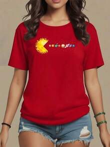 Sol brillante en forma de media luna devorando los planetas del sistema solar simbolizando energía cósmica y humor astronómico camiseta para mujer 100% algodón cómoda y moderna,maija mujer. - Rojo - Ver 1