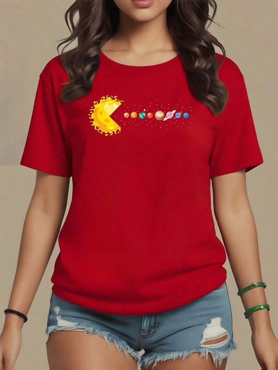 Sol brillante en forma de media luna devorando los planetas del sistema solar simbolizando energía cósmica y humor astronómico camiseta para mujer 100% algodón cómoda y moderna,maija mujer. - Rojo - Ver 1