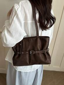 1pc Vintage Large Capacity Tote Bag, Commuter Oversized Underarm Bag, Fashion Motorcycle Bag, PU Solid Color Oiled Wax Leather, Strap Decor, Zipper Closure, Women's Shoulder Bag For Work/School/Travel/Shopping/Business, Suitable For Daily Use - Coffee - View 5