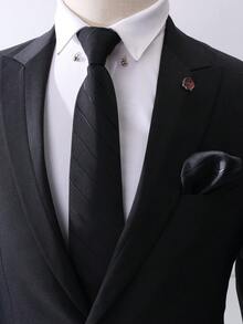 1套男士商务领带，专业正式面试条纹领带，提花涤纶丝绸 - 黑色套裝 - 查看 3