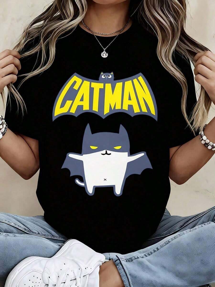 Camiseta de Warner Bros Catman Blanca Casual de Corte Holgado con Estampado Gráfico de Gato y Texto Amarillo |   Diseño exquisito |   Suelto y cómodo |   Fácil de combinar | - Negro - Ver 1