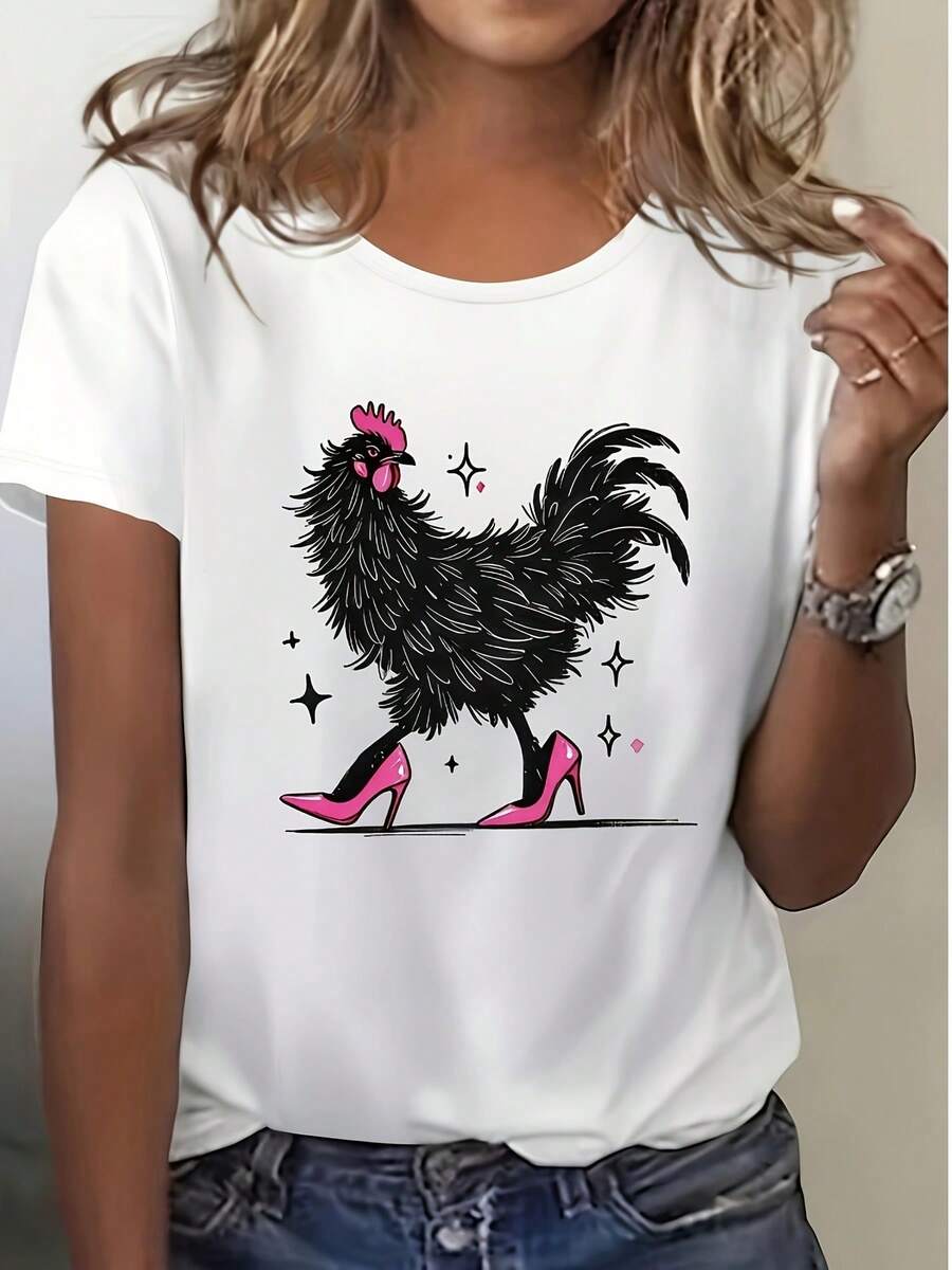 Camiseta de cuello redondo 100% algodón para mujer y unisex - Camiseta de manga corta con un divertido estampado de una gallina negra con tacones altos rosados, corte suave y holgado, estampado en bloques de color, adecuada tanto para hombres como para mujeres, camiseta casual para primavera y verano,blusas casuales para dama,tops de mujer - Blanco - Ver 1