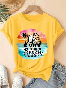 Camiseta vintage mujer, manga corta, cuello redondo, estampado playa y cocoteros, corte holgado, casual y elegante, primavera- - Amarillo - Ver 1