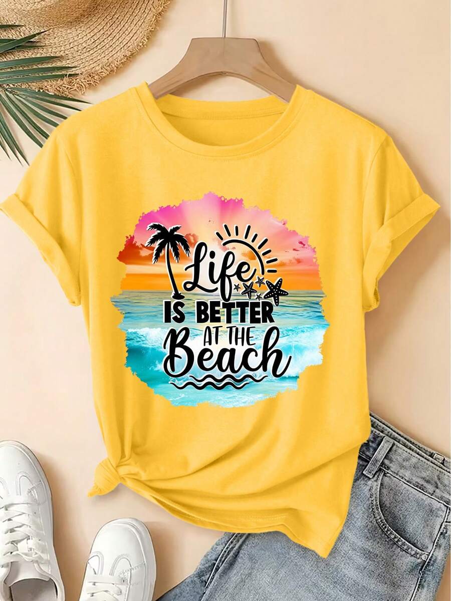 Camiseta vintage mujer, manga corta, cuello redondo, estampado playa y cocoteros, corte holgado, casual y elegante, primavera- - Amarillo - Ver 1