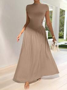 Vestido de línea A de manga corta, de cuello, ajustado, con bajo asimétrico, de uso diario, de estilo minimalista y elegante - Caqui - Ver 9