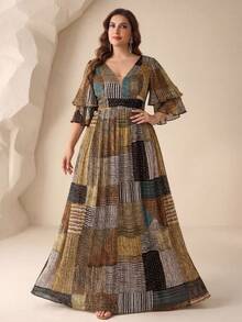 SUPGIR Plus Size V-Neck Random Watercolor Patchwork Print Waist Pleated Long Flowy Chiffon Maxi Dress, Spring/Summer - Multicolor - View 1